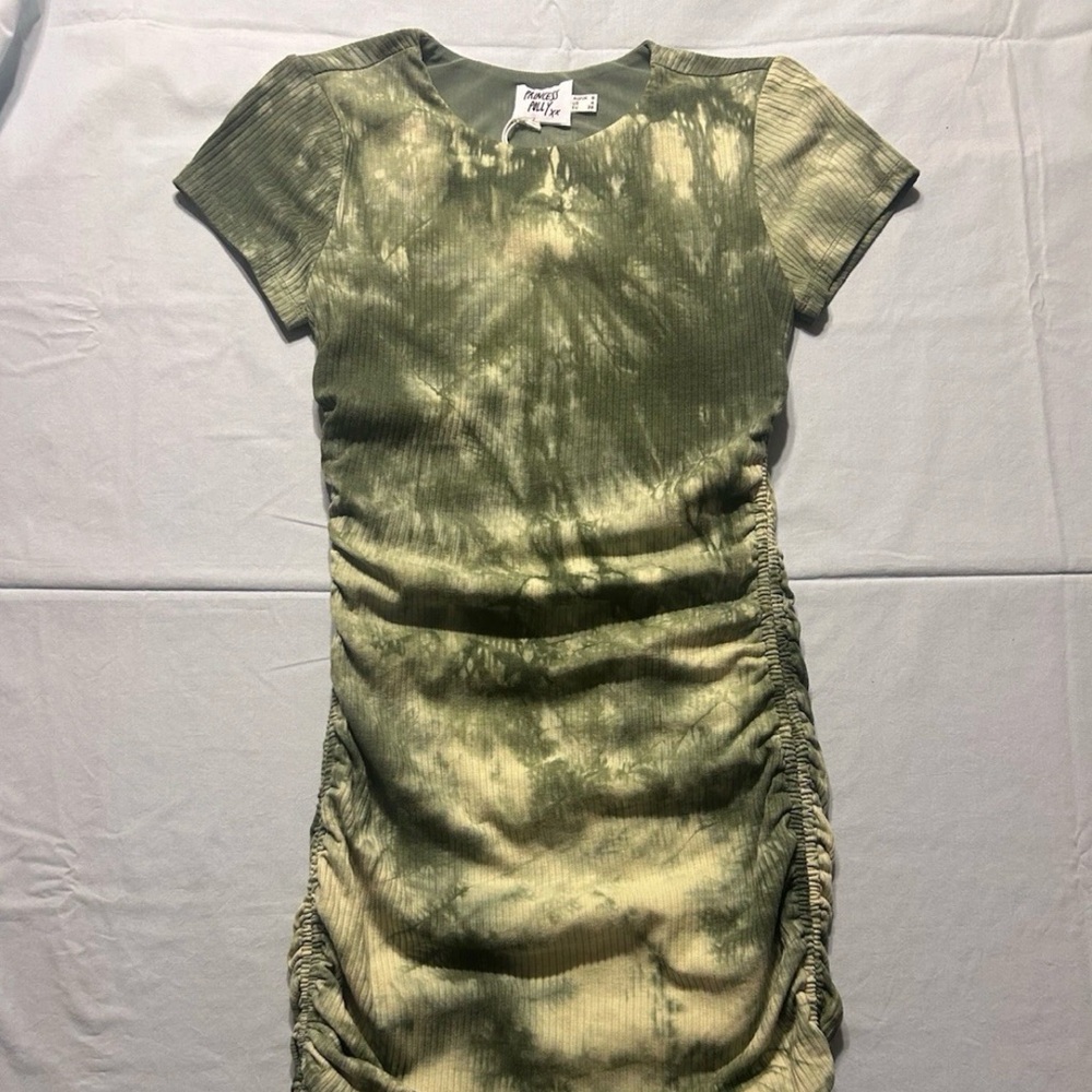 Princess Polly Keana Ruched Tie Dye Mini Dress Sz 4 Khaki Stretch Drawstring NWT